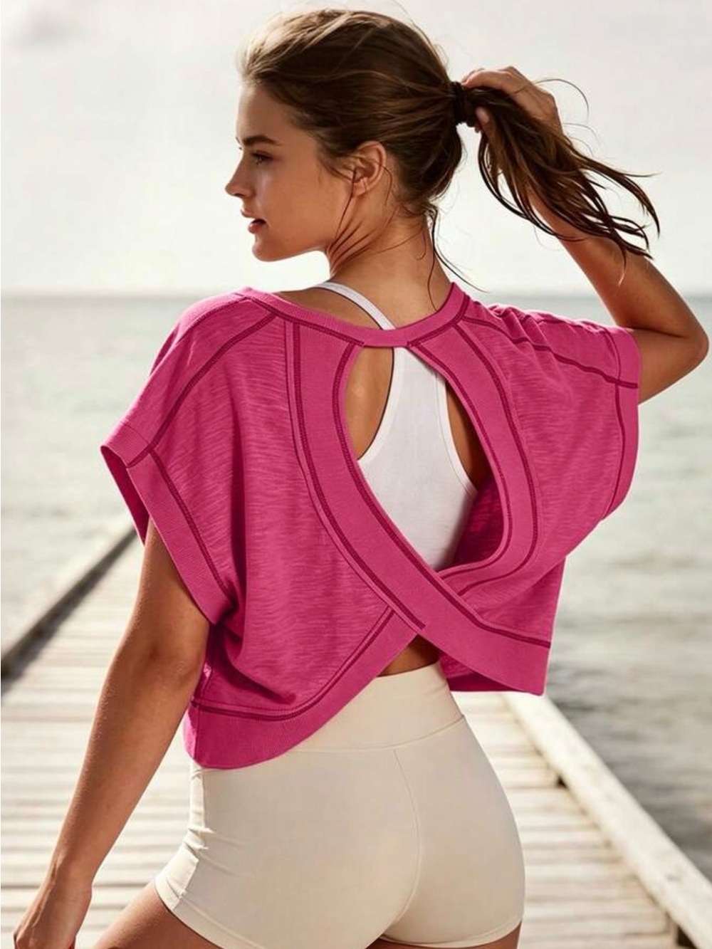 SHEIN Pink Open-Cross Back Short Sleeve Crop Top